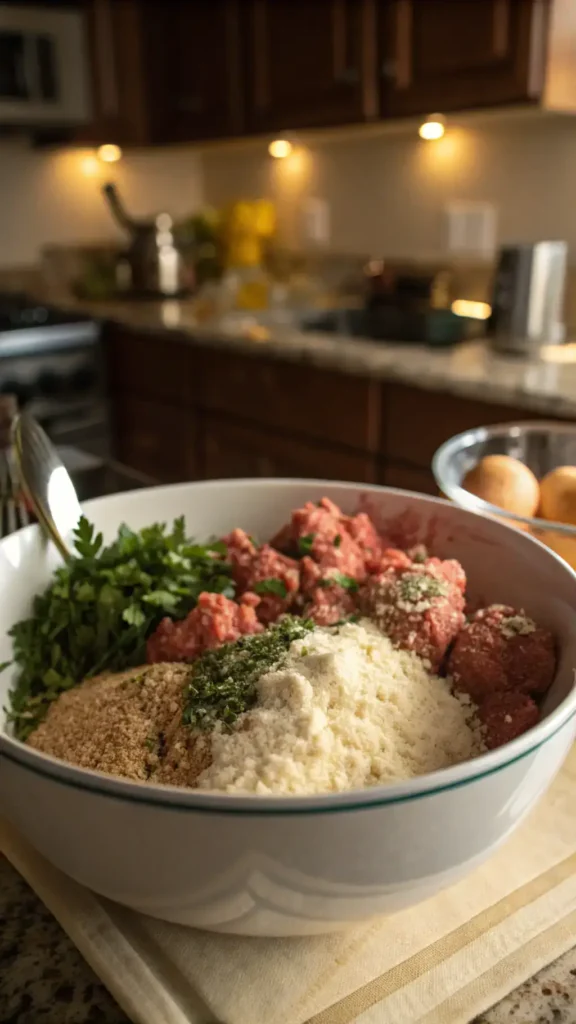 A mixing bowl filled with ground beef, breadcrumbs, and herbs, ready to be shaped into meatballs.
