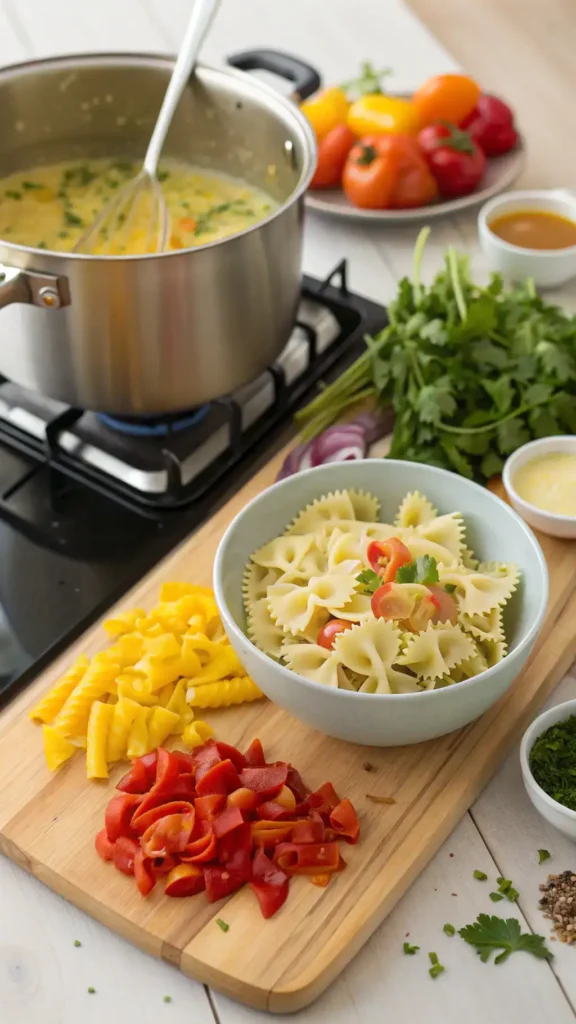 Step-by-step process of making a pasta salad, including cooking pasta and preparing vegetables.
