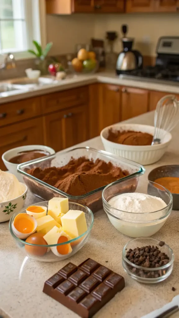 Step-by-step process of making brownies with ingredients displayed.