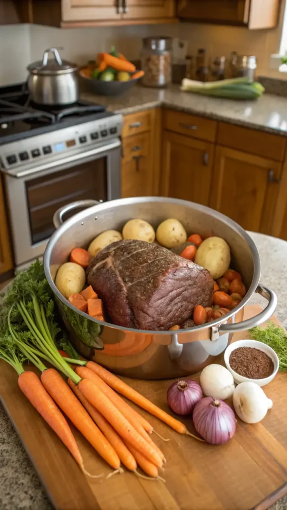 A pot roast being prepared with fresh ingredients like beef, carrots, and potatoes in a warm kitchen.