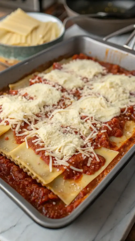 A delicious lasagna being assembled with layers of noodles, sauce, and cheese.