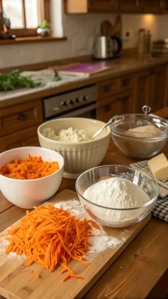 Step-by-step process of making a carrot cake, showcasing ingredients and mixing bowls.
