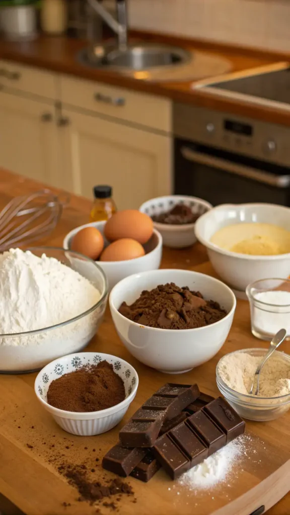 Ingredients and steps for making chocolate cake displayed in a cozy kitchen setting.