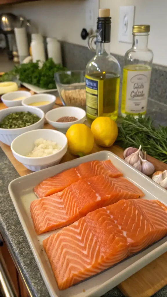 Ingredients and preparation steps for a salmon recipe laid out on a kitchen counter.