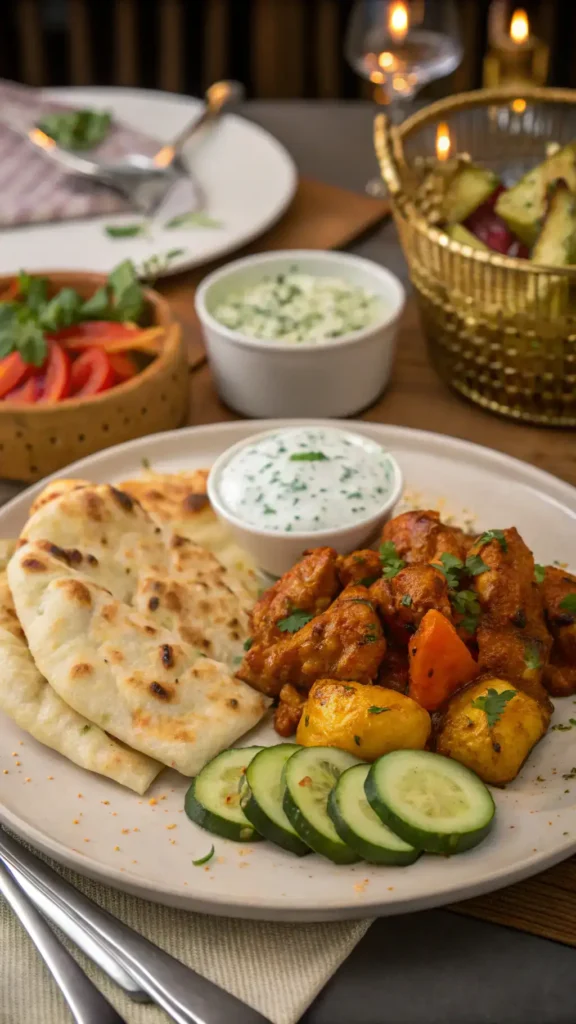 Butter chicken served with naan, cucumber raita, and roasted vegetables on a dining table.