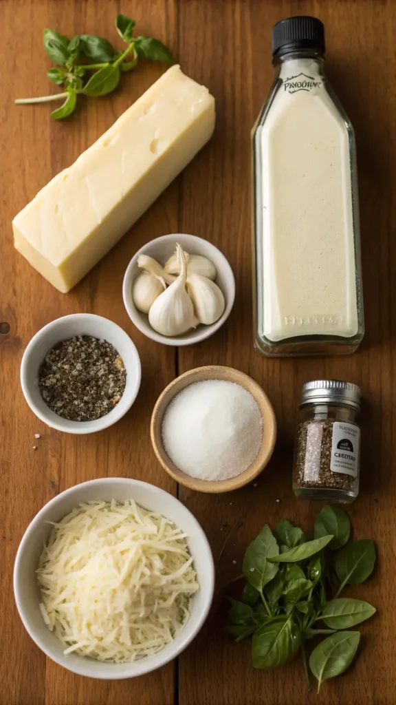 Ingredients for Alfredo sauce displayed on a wooden countertop.