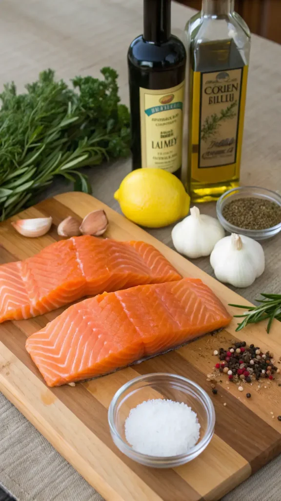 Ingredients for baked salmon recipe displayed on a wooden kitchen counter.