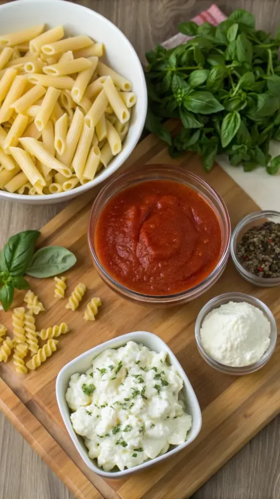 Ingredients for baked ziti including ziti pasta, marinara sauce, ricotta cheese, mozzarella cheese, and fresh basil.