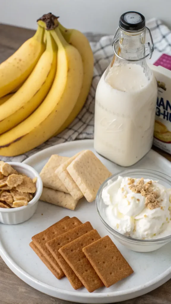 Ingredients for banana pudding displayed on a kitchen counter.