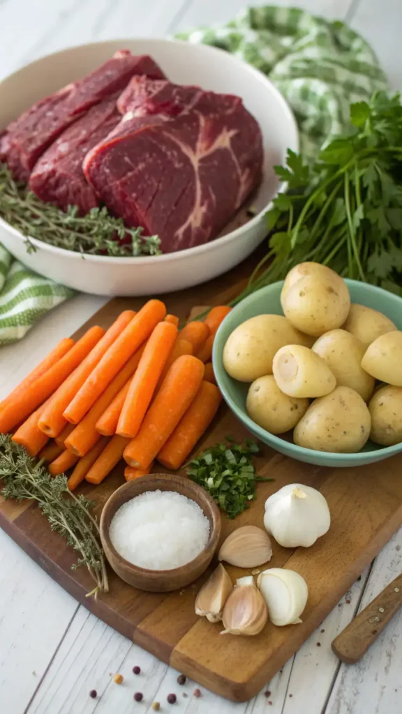 Ingredients for beef stew including beef chuck, carrots, potatoes, onions, garlic, and herbs.