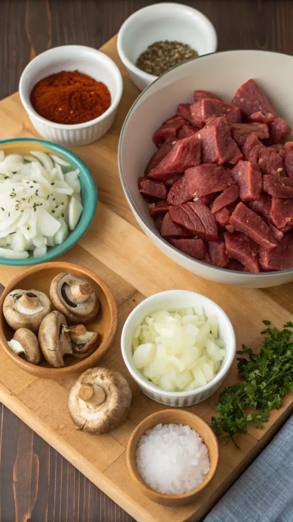 Ingredients for beef stroganoff including beef, onions, garlic, and mushrooms.
