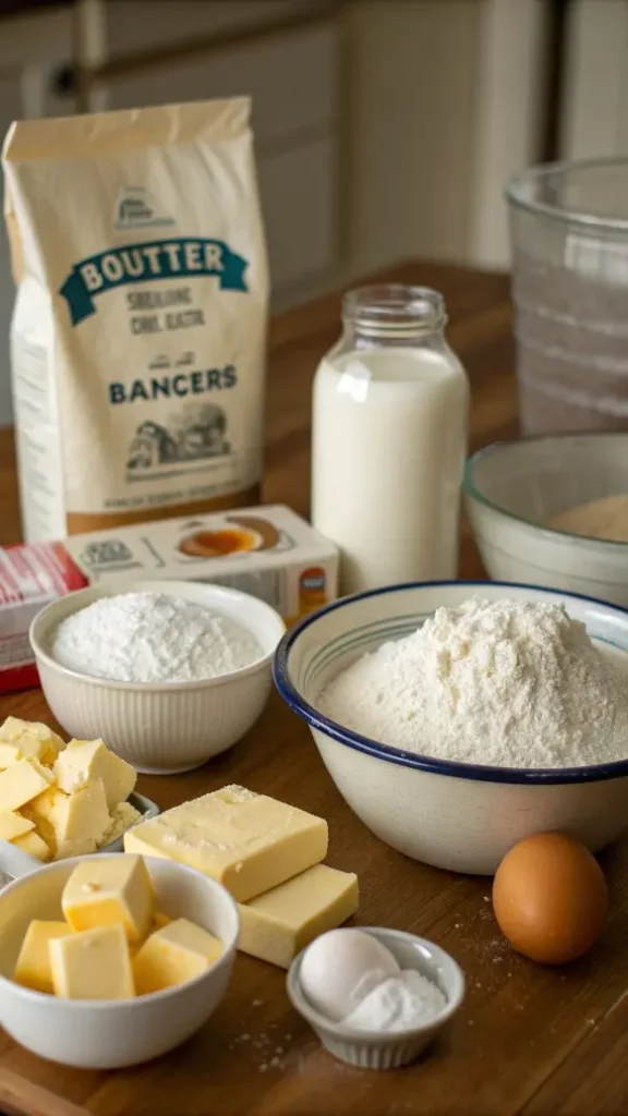 Ingredients for biscuit recipe displayed on a wooden countertop.