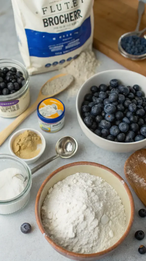 Ingredients for blueberry muffins displayed on a kitchen counter.