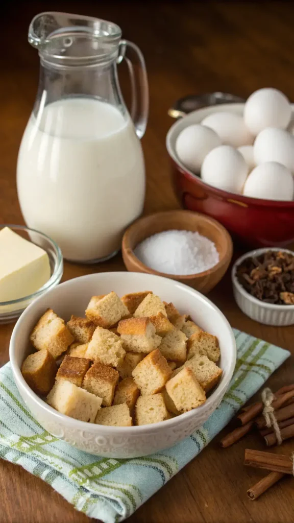 Ingredients for bread pudding displayed on a wooden table.