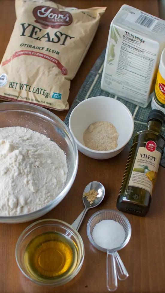 Ingredients for a bread recipe displayed on a wooden table.