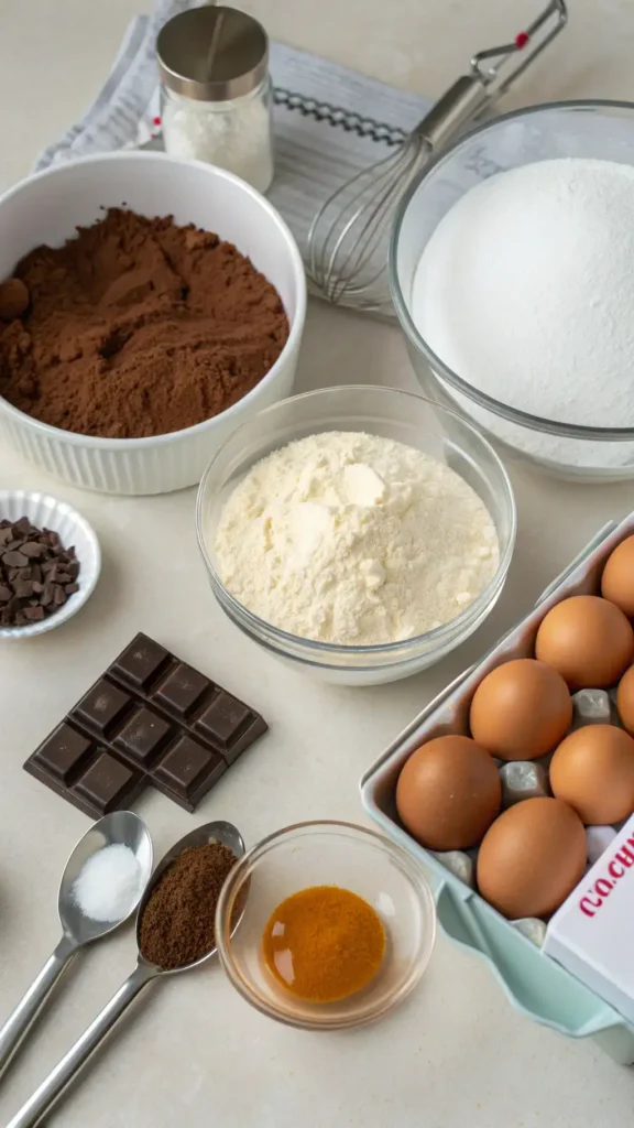 Ingredients for brownie recipe displayed on a kitchen counter.