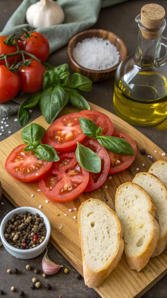 Ingredients for bruschetta displayed on a wooden cutting board.