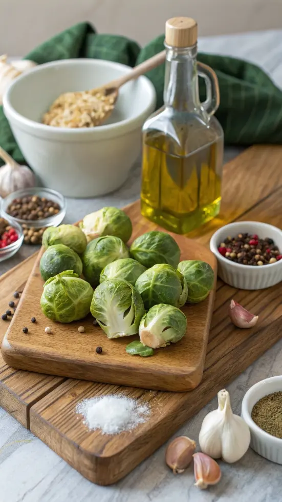 Fresh ingredients for a brussel sprouts recipe, including brussel sprouts, olive oil, garlic, and seasonings.