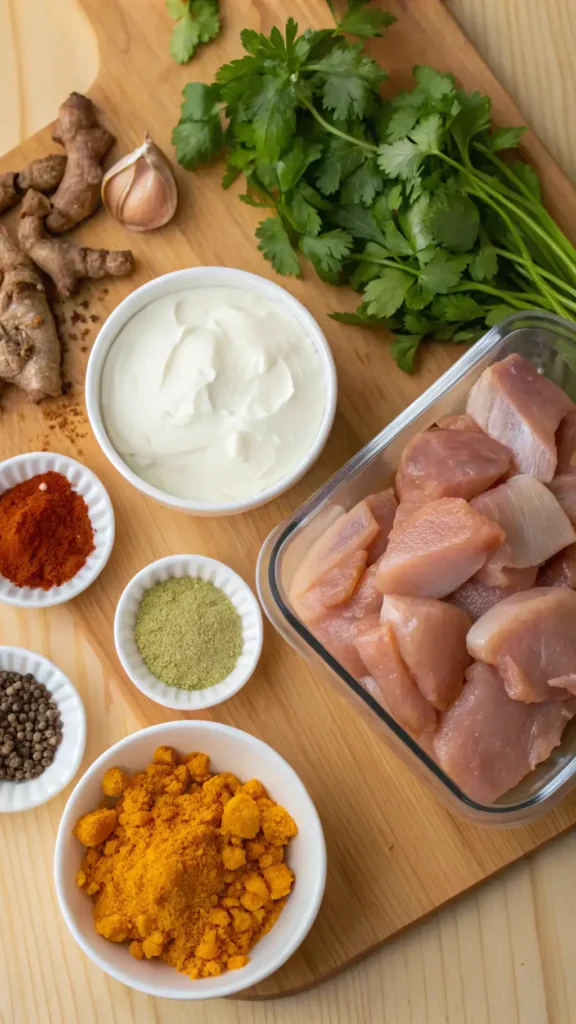 Ingredients for butter chicken including chicken, yogurt, spices, and fresh herbs arranged on a wooden countertop.