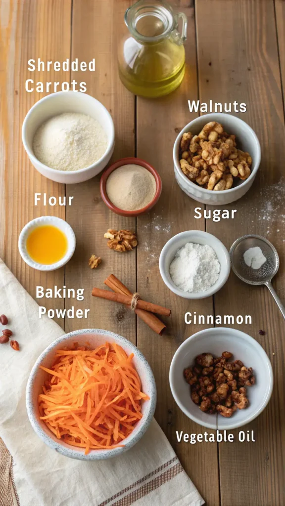 Ingredients for carrot cake including flour, sugar, carrots, and spices displayed on a wooden table.
