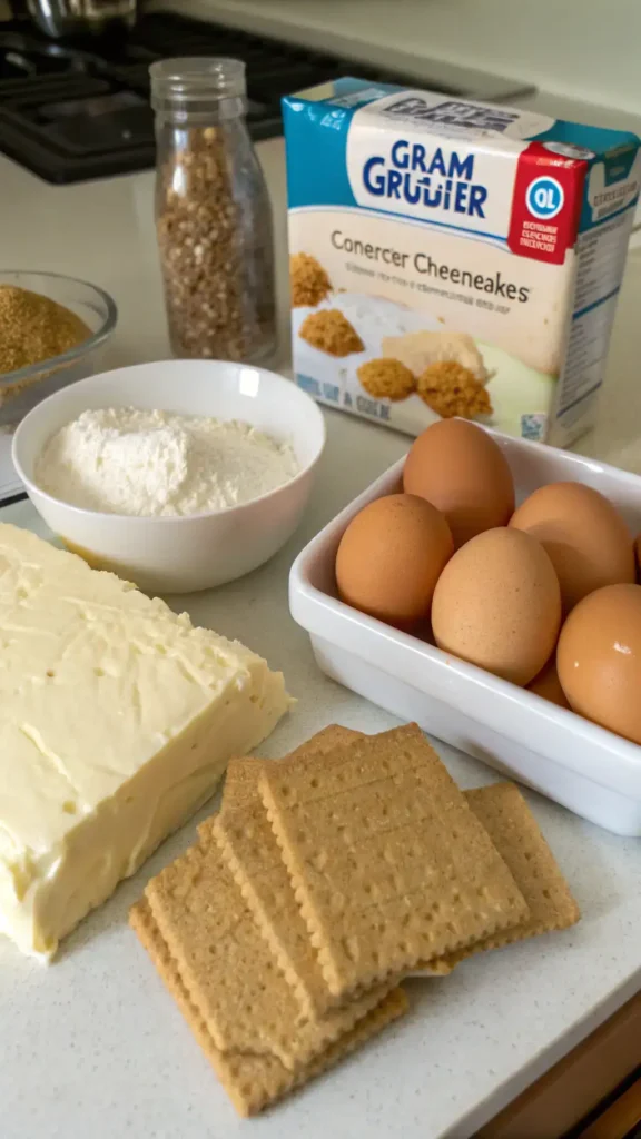Ingredients for cheesecake including cream cheese, sugar, and graham cracker crumbs.