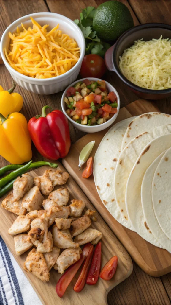 Ingredients for chicken enchiladas displayed on a wooden table.
