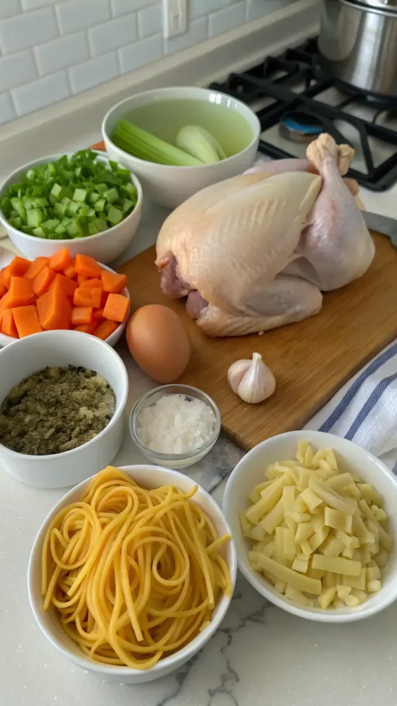 Ingredients for chicken noodle soup including chicken, egg noodles, carrots, celery, onion, and garlic on a kitchen counter.