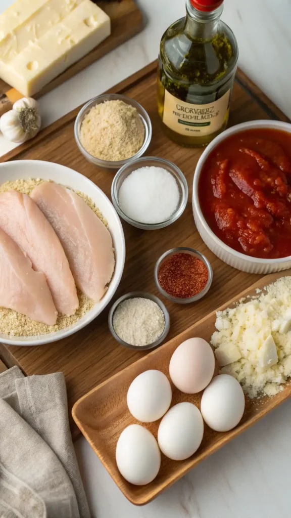 Ingredients for chicken parmesan recipe displayed on a wooden table.