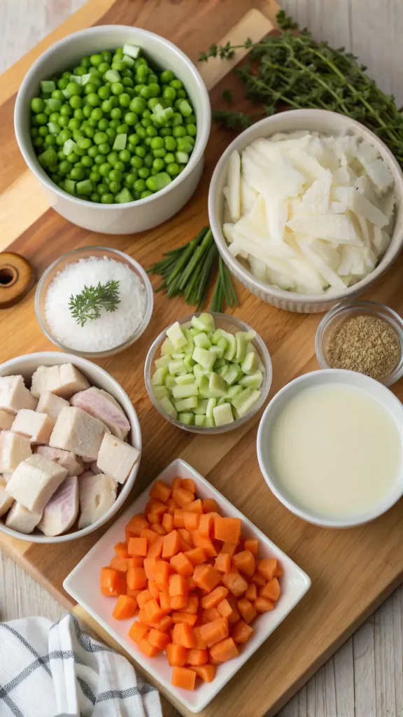 Ingredients for chicken pot pie displayed on a wooden countertop.