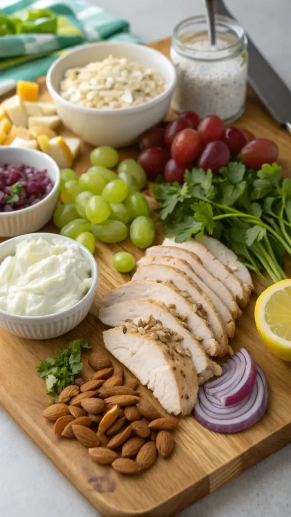 Ingredients for a delicious chicken salad displayed on a cutting board.
