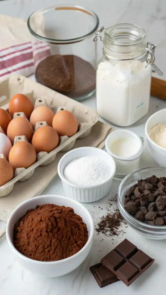 Ingredients for chocolate cake displayed on a kitchen counter.