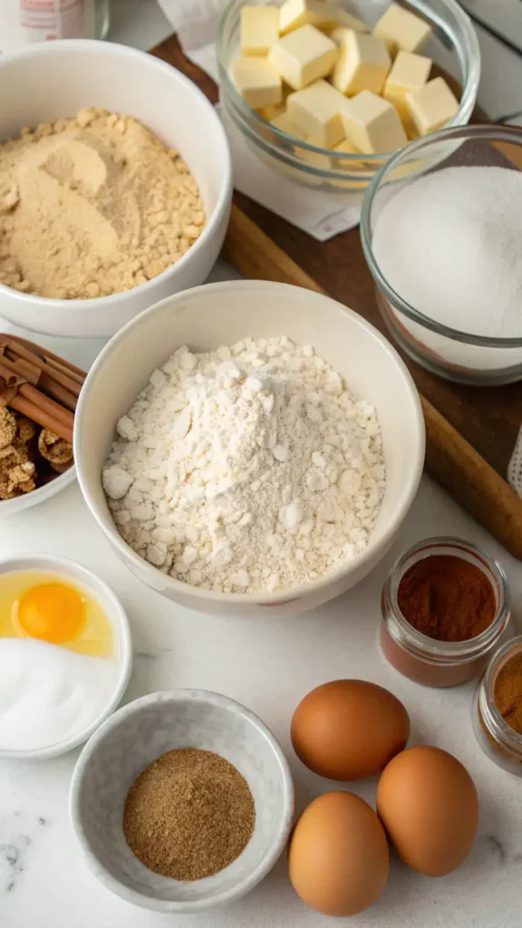 Ingredients for cinnamon rolls including flour, sugar, yeast, and cinnamon displayed on a kitchen counter.