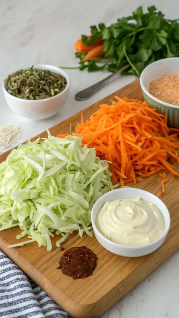 Ingredients for coleslaw displayed on a wooden table.