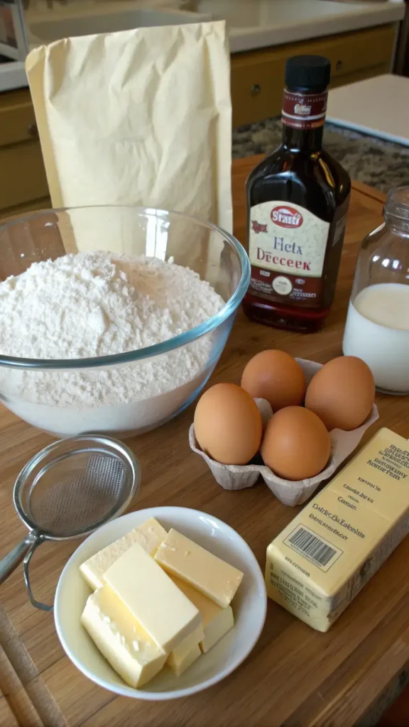 Ingredients for making crepes displayed beautifully.