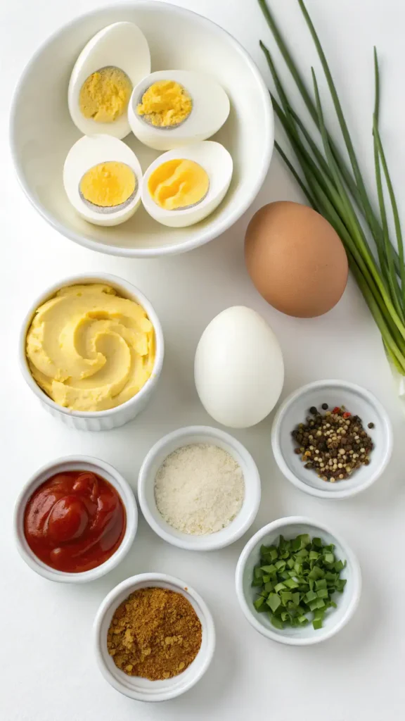 Ingredients for deviled eggs recipe including eggs, mayonnaise, mustard, and spices.