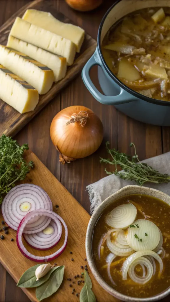 Ingredients for French onion soup including onions, broth, cheese, and herbs on a wooden table.