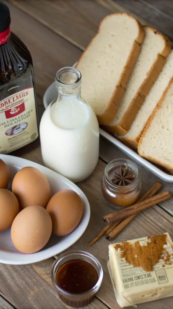 Ingredients for French toast laid out on a kitchen counter, including bread, eggs, milk, and spices.