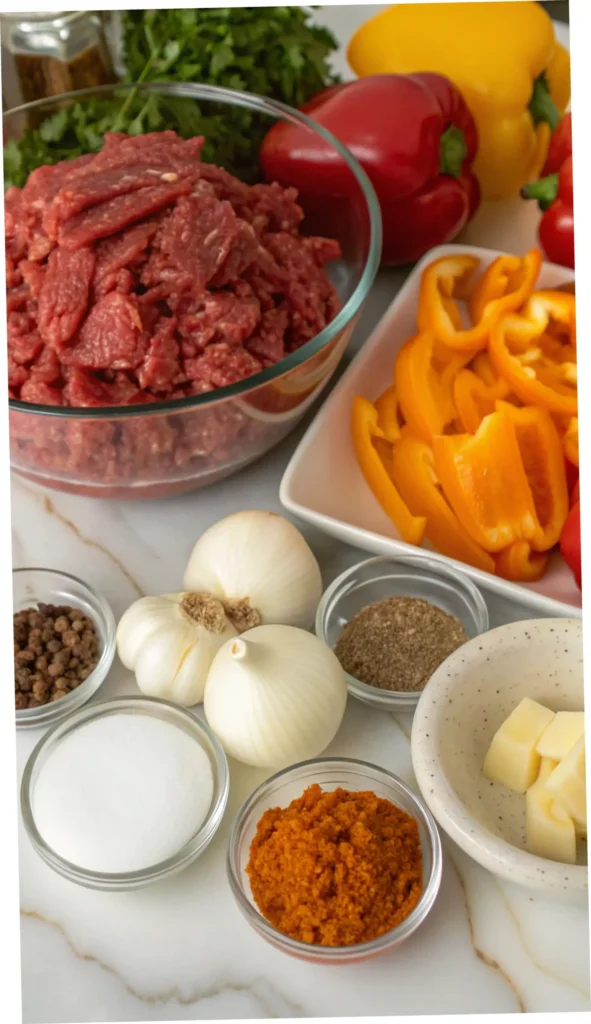 Ingredients for goulash including ground beef, onions, garlic, and spices arranged on a kitchen counter.