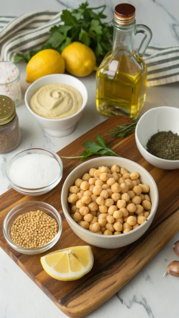 Ingredients for hummus including chickpeas, tahini, garlic, olive oil, lemon juice, cumin, salt, and water arranged on a wooden table.