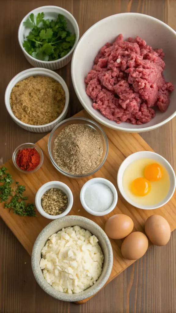 Ingredients for meatballs including ground beef, turkey, breadcrumbs, eggs, and spices displayed on a wooden surface.