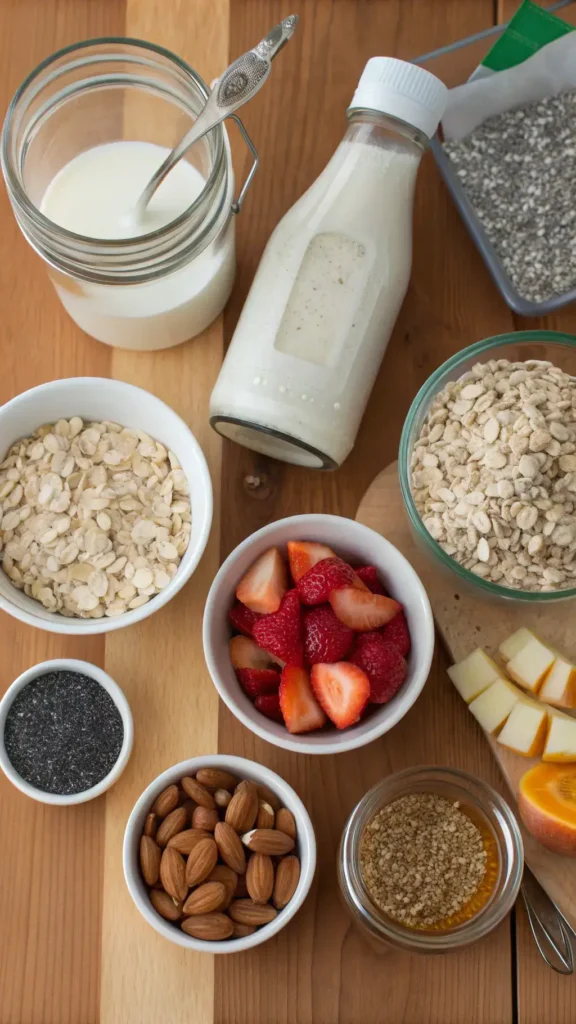 Ingredients for overnight oats displayed beautifully, including oats, milk, yogurt, and fresh fruits.
