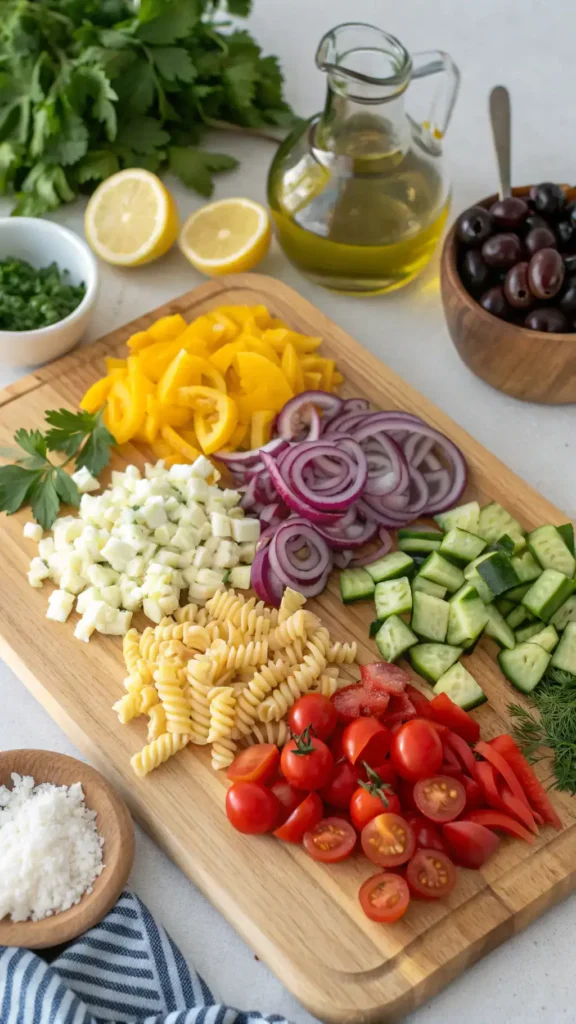 Ingredients for a pasta salad displayed on a wooden cutting board.