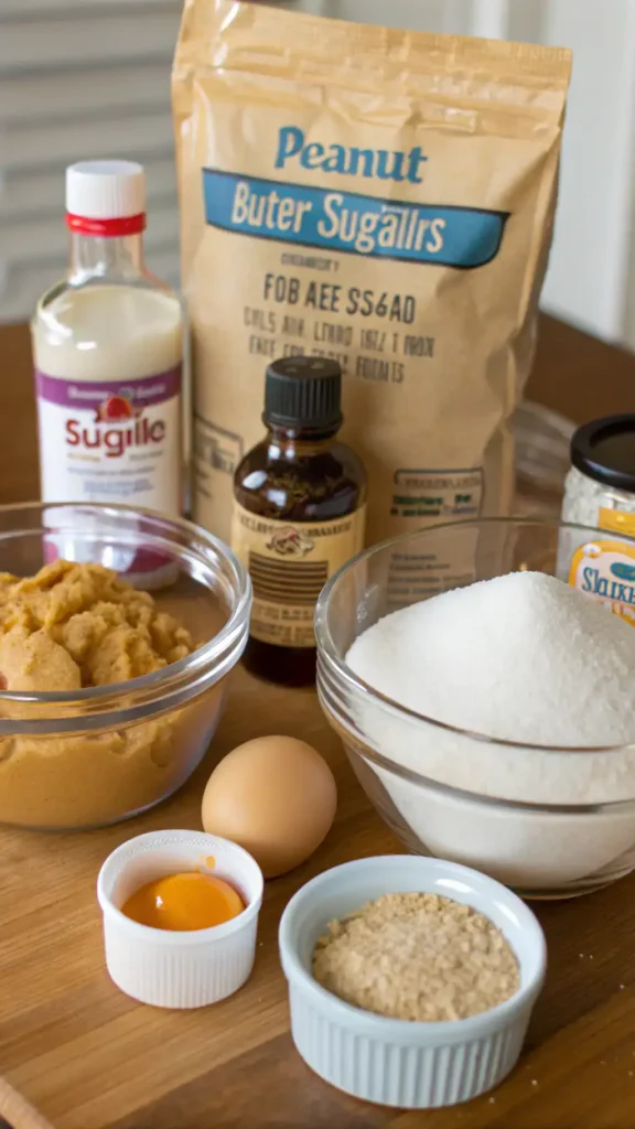 Ingredients for peanut butter cookies displayed on a wooden table.