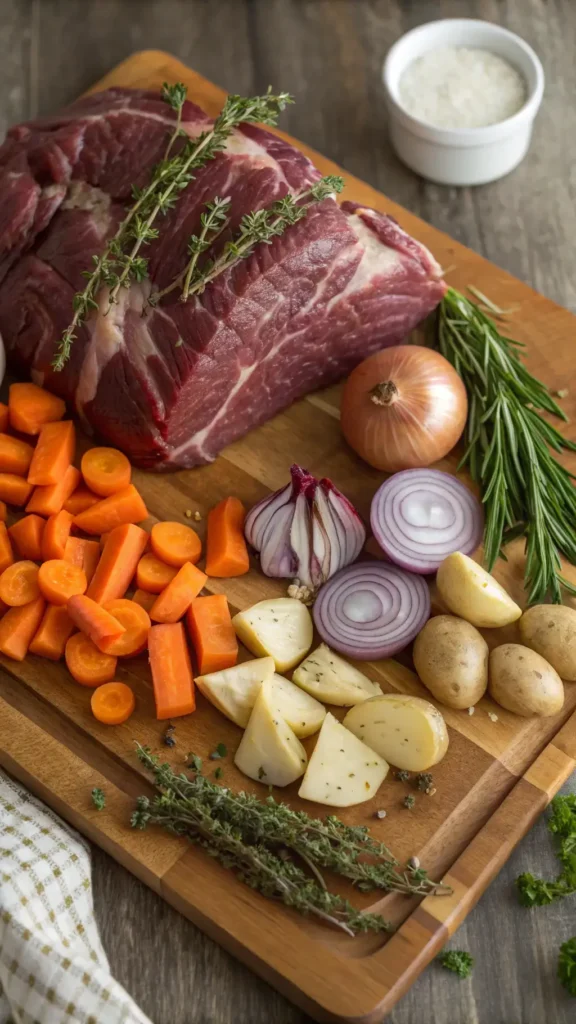 Ingredients for pot roast including beef, carrots, potatoes, and herbs displayed on a cutting board.