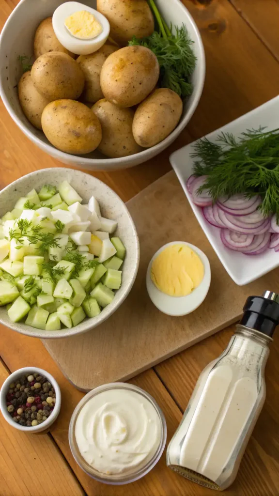 Ingredients for potato salad displayed on a wooden table.