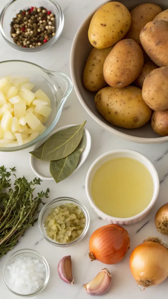 Ingredients for potato soup including potatoes, onion, garlic, and vegetable broth displayed on a kitchen counter.