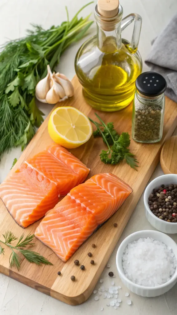 Aesthetic arrangement of ingredients for a salmon recipe on a wooden table.