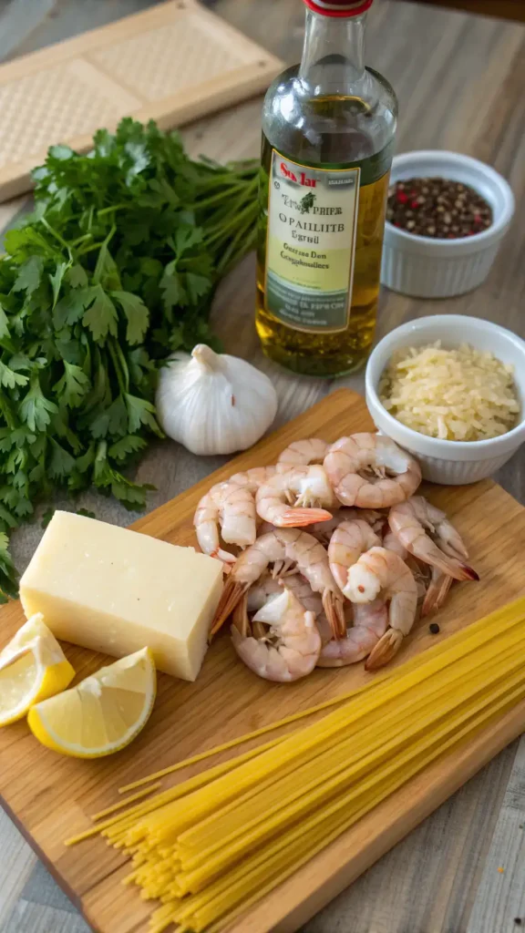 Ingredients for shrimp scampi laid out on a wooden countertop.