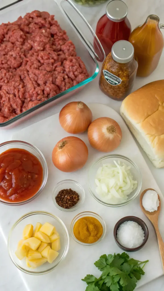 Ingredients for sloppy joe recipe including ground beef, onion, bell pepper, garlic, and sauces.