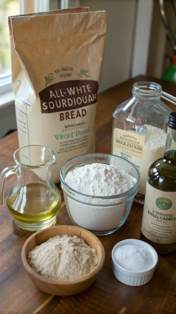 Ingredients for sourdough bread including flour, water, and sourdough starter.